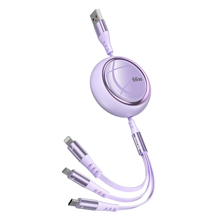 Wekome WDC-05 Pop Digital Series 3-en-1 Cable de Datos Telescópico Retractable 66W Cable de Carga Rápida USB a Type-C, Micro USB, ip - Púrpura