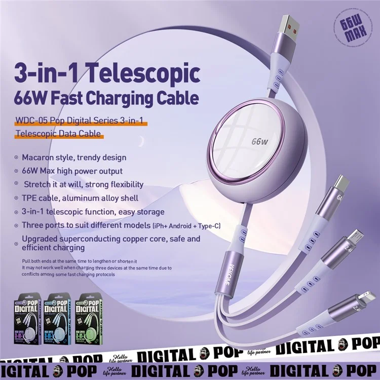 Wekome WDC-05 Pop Digital Series 3-en-1 Cable de Datos Telescópico Retractable 66W Cable de Carga Rápida USB a Type-C, Micro USB, ip - Púrpura