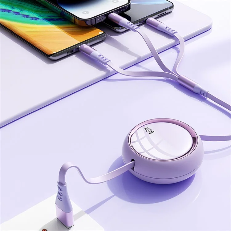 Wekome WDC-05 Pop Digital Series 3-en-1 Cable de Datos Telescópico Retractable 66W Cable de Carga Rápida USB a Type-C, Micro USB, ip - Púrpura