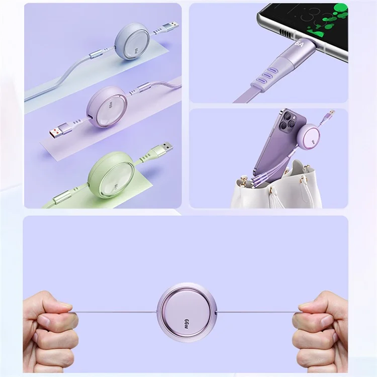 Wekome WDC-05 Pop Digital Series 3-en-1 Cable de Datos Telescópico Retractable 66W Cable de Carga Rápida USB a Type-C, Micro USB, ip - Púrpura