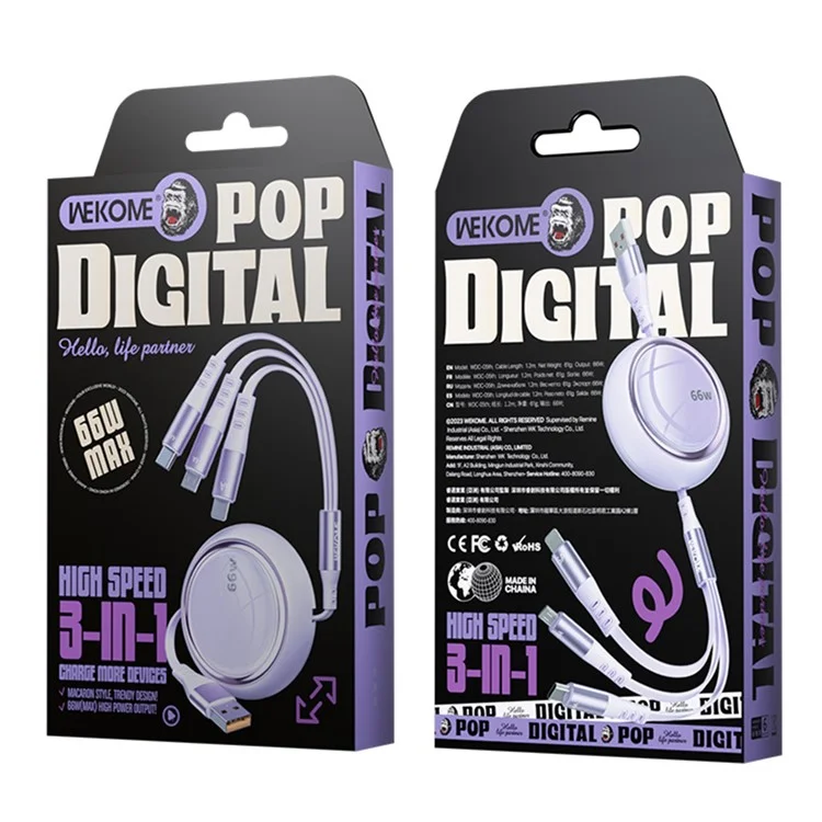 Wekome WDC-05 Pop Digital Series 3-en-1 Cable de Datos Telescópico Retractable 66W Cable de Carga Rápida USB a Type-C, Micro USB, ip - Púrpura