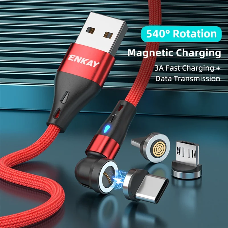 ENKAY HAT PRINCE 2m Elbow Magnetic Fast Charging Cable 3-in-1 3A USB to 8-Pin / Type-C / Micro USB Data Cord  with Indicator Light - Black