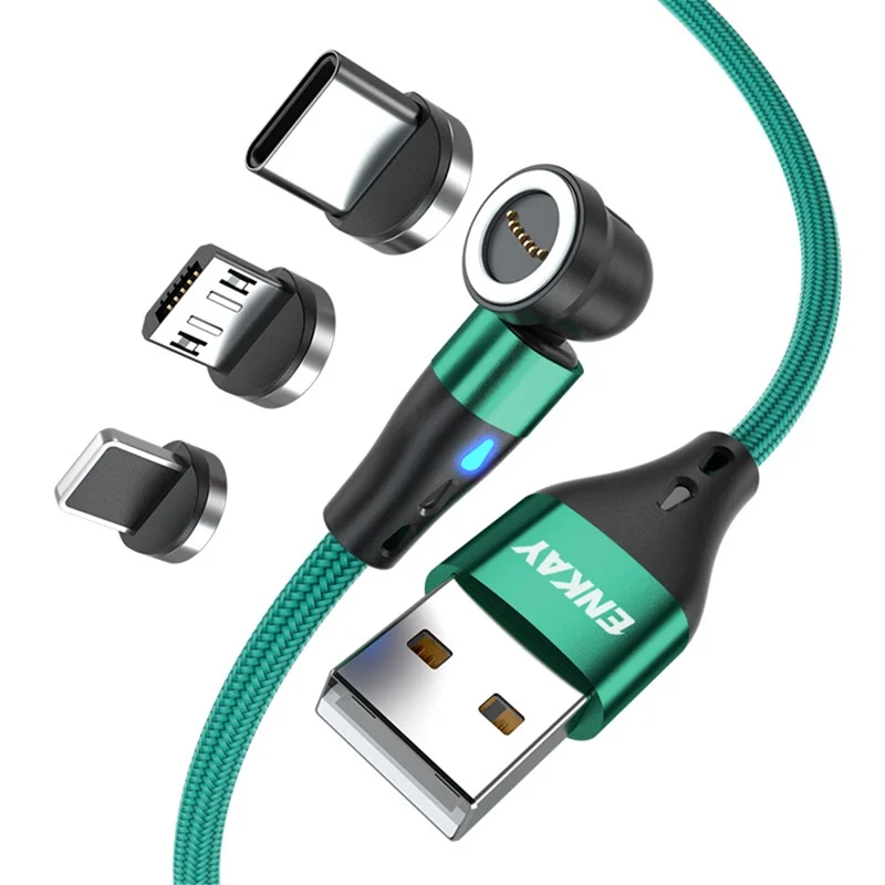 ENKAY HAT PRINCE 1m 3A Fast Charging Cable 3-in-1 Magnetic USB to 8-Pin / Type-C / Micro USB Data Cord with LED Light - Green