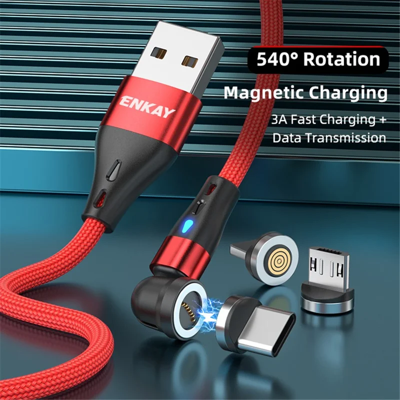 ENKAY HAT PRINCE 1m 3A Быстрое зарядное устройство Кабель 3-в-1 с магнитным USB для 8-pin / Type-C / Micro USB Data Cord с LED-подсветкой - черный