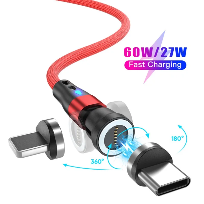ENKAY HAT PRINCE 2m 540-degree Rotating Magnetic Charging Cable 2-in-1 PD 60W Type-C to 8-Pin + Type-C Data Cord with LED Light - Red