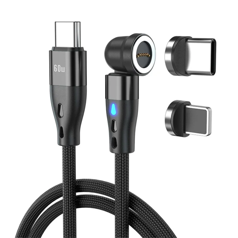 ENKAY HAT PRINCE Cabo Magnético de Carregamento Rotativo de 540 Graus 2 em 1 PD 60W Tipo-C para 8 Pinos + Tipo-C com Luz LED - Preto