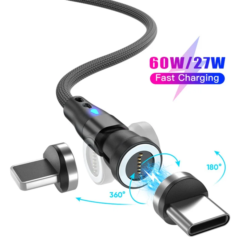 ENKAY HAT PRINCE Cabo Magnético de Carregamento Rotativo de 540 Graus 2 em 1 PD 60W Tipo-C para 8 Pinos + Tipo-C com Luz LED - Preto