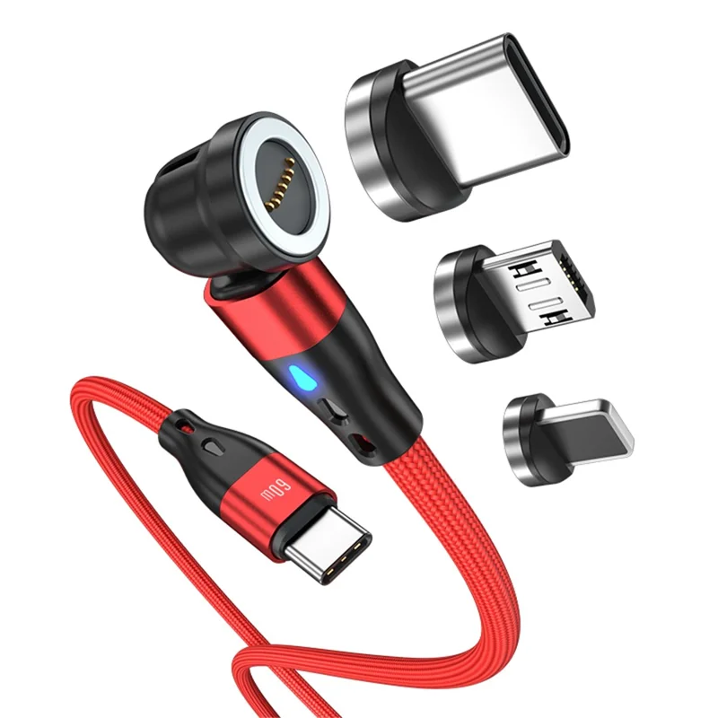 ENKAY HAT PRINCE 2m PD 60W Magnetic Phone Charging Cable 3-in-1 Type-C to 8-Pin / Type-C / Micro USB Data Sync Cord with LED Light - Red