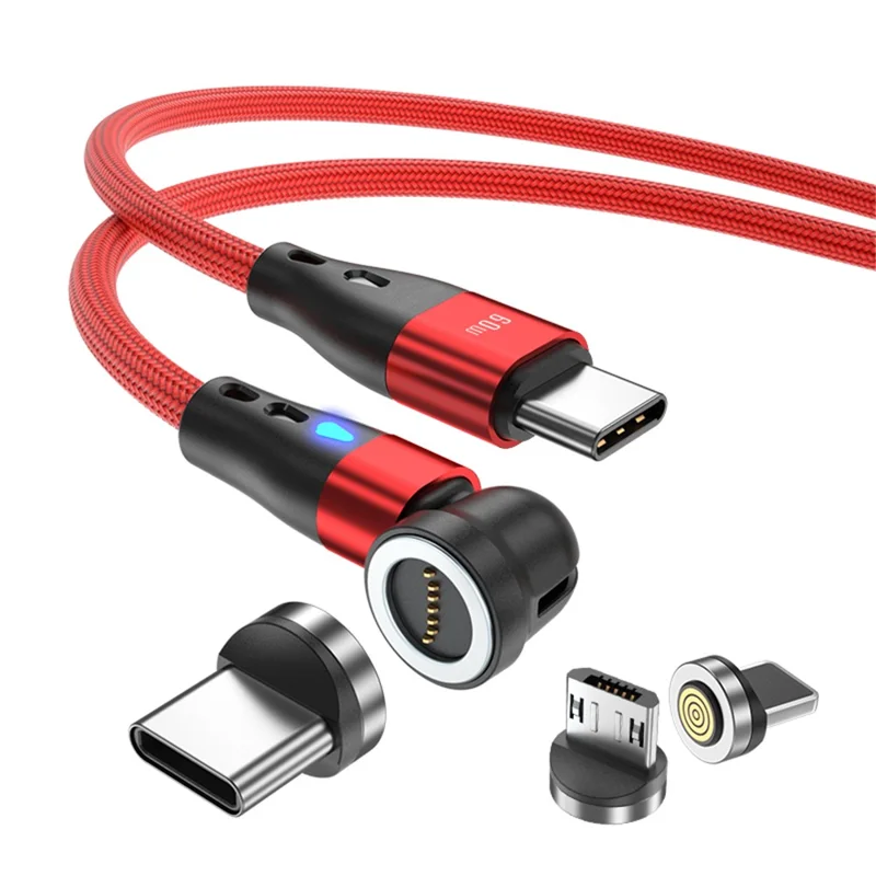 ENKAY HAT PRINCE 2m PD 60W Magnetic Phone Charging Cable 3-in-1 Type-C to 8-Pin / Type-C / Micro USB Data Sync Cord with LED Light - Red