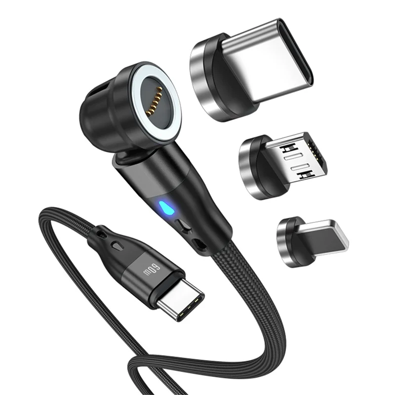 ENKAY HAT PRINCE 2m PD 60W Magnetic Phone Charging Cable 3-in-1 Type-C to 8-Pin / Type-C / Micro USB Data Sync Cord with LED Light - Black