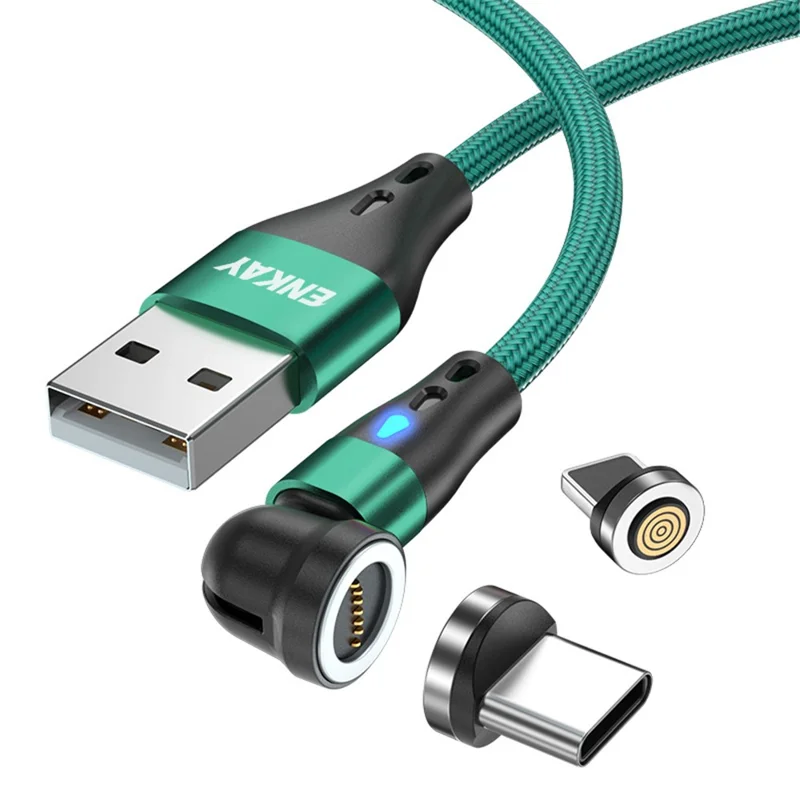 ENKAY HAT PRINCE 2m 3A Fast Charging Magnetic Data Cable 2-in-1 USB to 8-Pin + Type-C Nylon Braided Cord with LED Light - Green