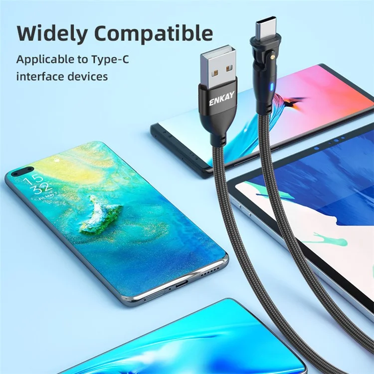 ENKAY 2m 3A Fast Charging USB to Type-C 180 Degree Rotate Nylon Braided Data Cable with LED Indicator - Black