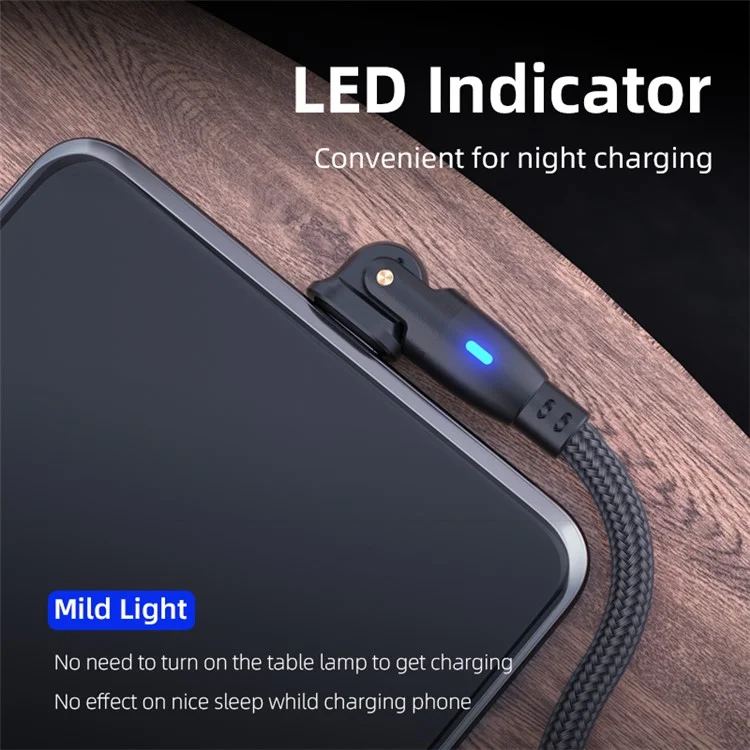 ENKAY 2m 3A Fast Charging USB to Type-C 180 Degree Rotate Nylon Braided Data Cable with LED Indicator - Black