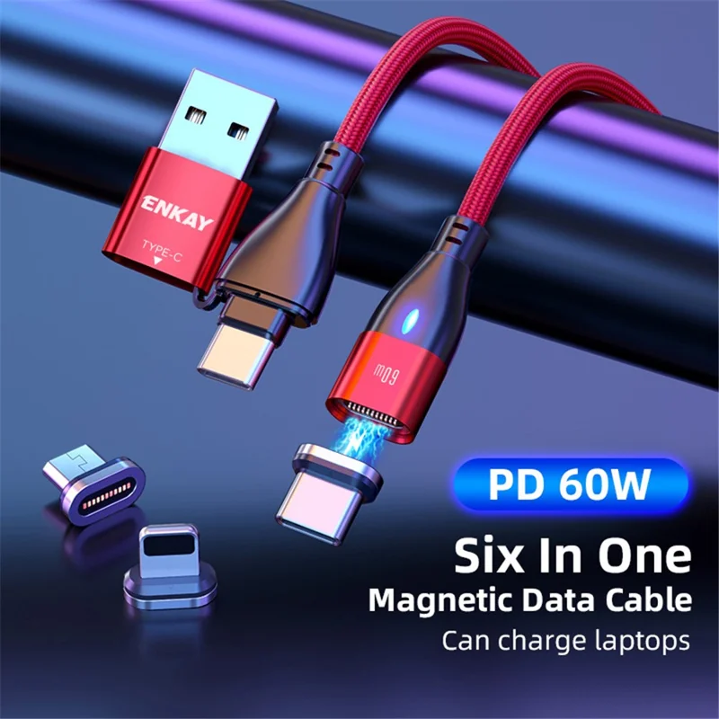 ENKAY HAT PRINCE Cavo di ricarica magnetico 6 in 1 da 1 m PD 60W Type-C/USB-A a IP/Type-C/Micro USB per il trasferimento dati - Nero