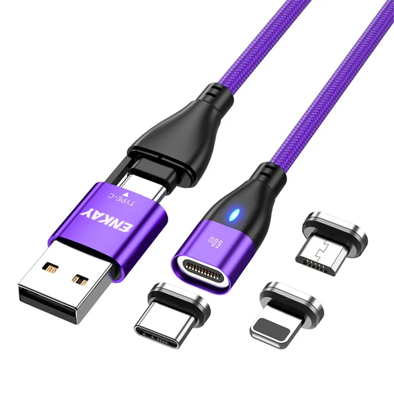 ENKAY HAT PRINCE 6-in-1 1m Magnetic Charging Cable PD 60W Type-C / USB-A to IP / Type-C / Micro USB Data Cord - Purple