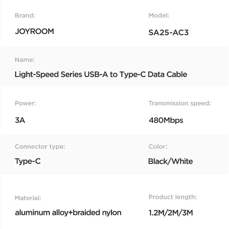 JOYROOM SA25-AC3 1.2m Light-Speed Series for iPhone 16-15 Series USB-A to Type-C Cable Nylon Braided 3A Fast Charging Cord - Black