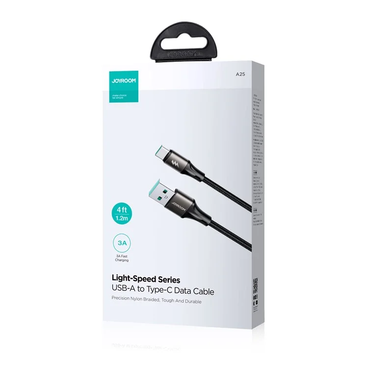 JOYROOM SA25-AC3 1.2m Light-Speed Series for iPhone 16-15 Series USB-A to Type-C Cable Nylon Braided 3A Fast Charging Cord - Black