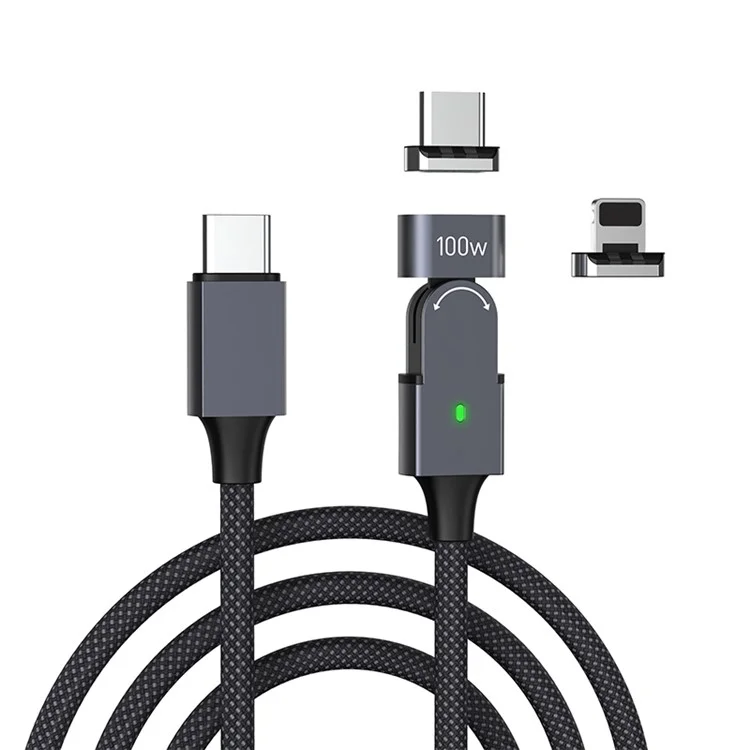 Cabo de Carregamento Rápido PD 100W de 1m 480Mbps com Rotação de 180 Graus e Adaptadores Magnéticos Tipo-C / iP