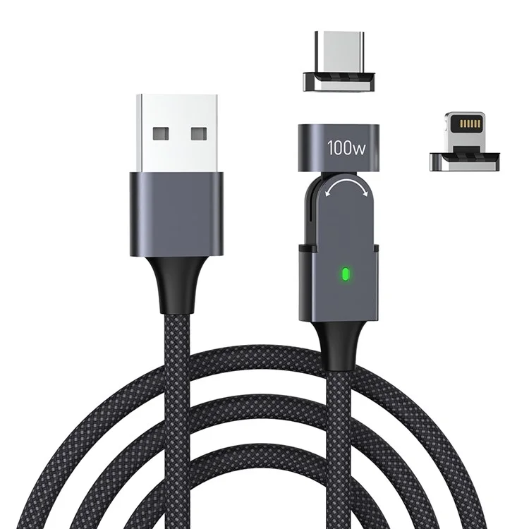 2m 180 Degree Rotating Magnetic Charging Cord PD 100W Charging Data Cable with Type-C / iP Adapters
