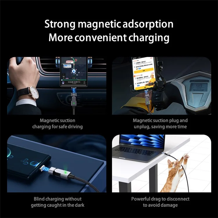 2m PD 100W Type-C Charging Data Cord with Type-C Adapter 180 Degree Rotating Magnetic Charging Cable