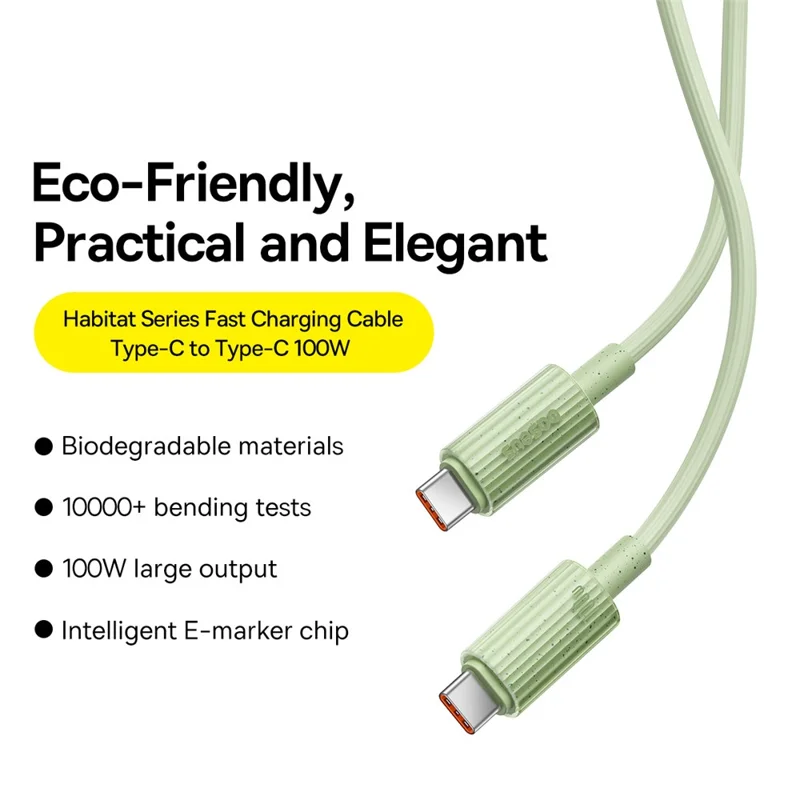 BASEUS 2m Habitat Series for iPhone 15 Series Type-C to Type-C 100W Fast Charging Biodegradable Data Cable - Green