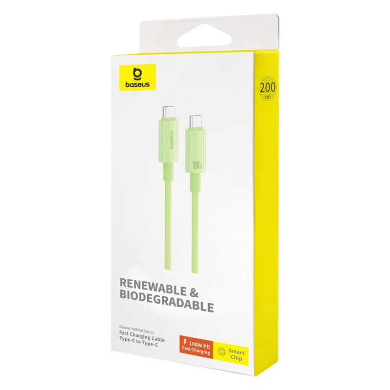 BASEUS 2m Habitat Series for iPhone 15 Series Type-C to Type-C 100W Fast Charging Biodegradable Data Cable - Green