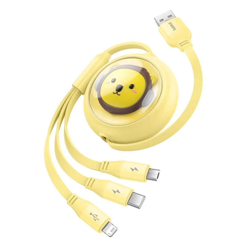 BASEUS CB000063 1.1m 3.5A Retractable Charging Cable USB to Micro USB + Type-C + iP 3-in-1 Fast Charger Data Cord - Yellow