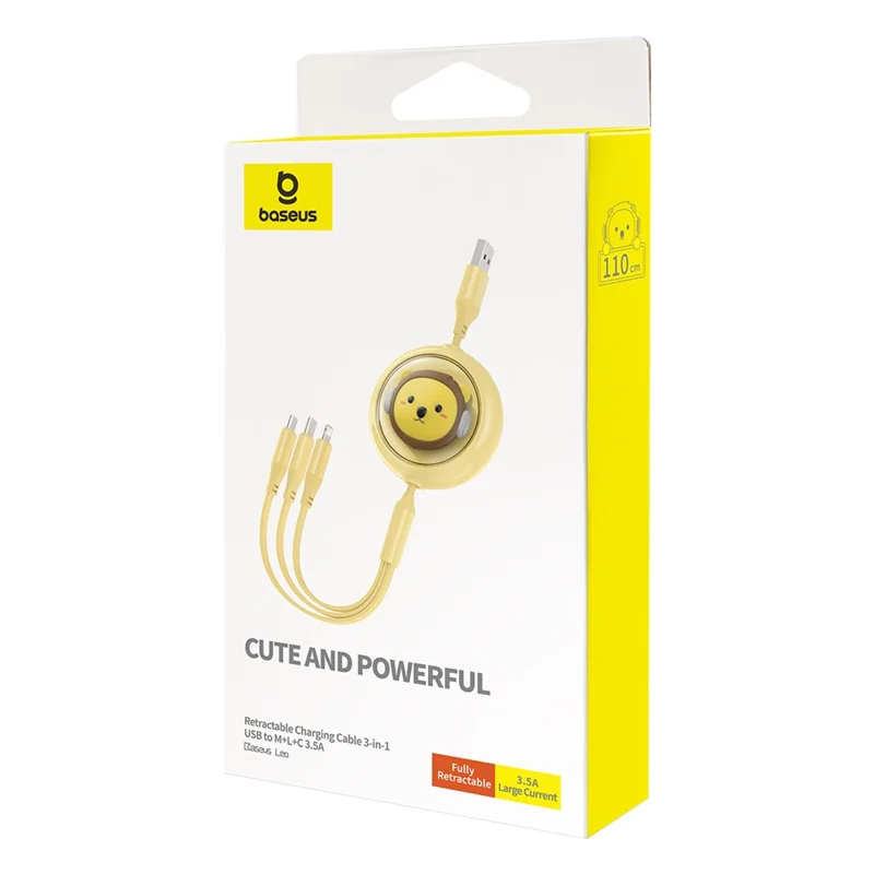 BASEUS CB000063 1.1m 3.5A Retractable Charging Cable USB to Micro USB + Type-C + iP 3-in-1 Fast Charger Data Cord - Yellow