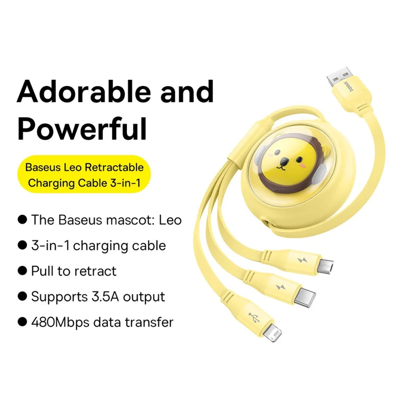 BASEUS CB000063 1.1m 3.5A Retractable Charging Cable USB to Micro USB + Type-C + iP 3-in-1 Fast Charger Data Cord - Yellow