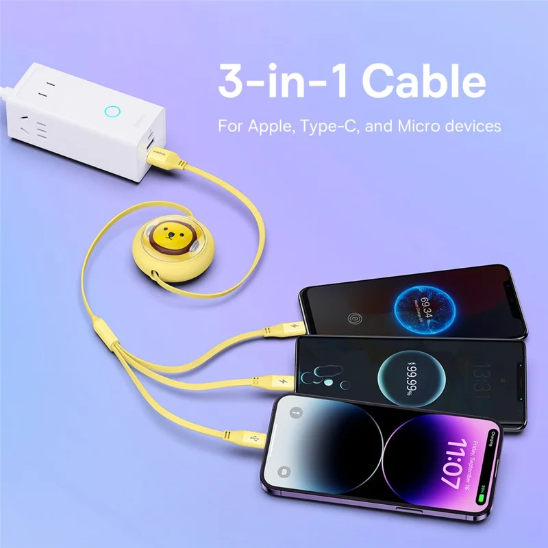 BASEUS CB000063 1.1m 3.5A Retractable Charging Cable USB to Micro USB + Type-C + iP 3-in-1 Fast Charger Data Cord - Yellow