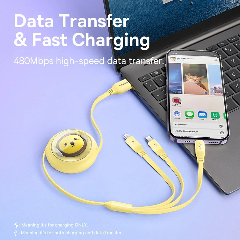 BASEUS CB000063 1.1m 3.5A Retractable Charging Cable USB to Micro USB + Type-C + iP 3-in-1 Fast Charger Data Cord - Yellow