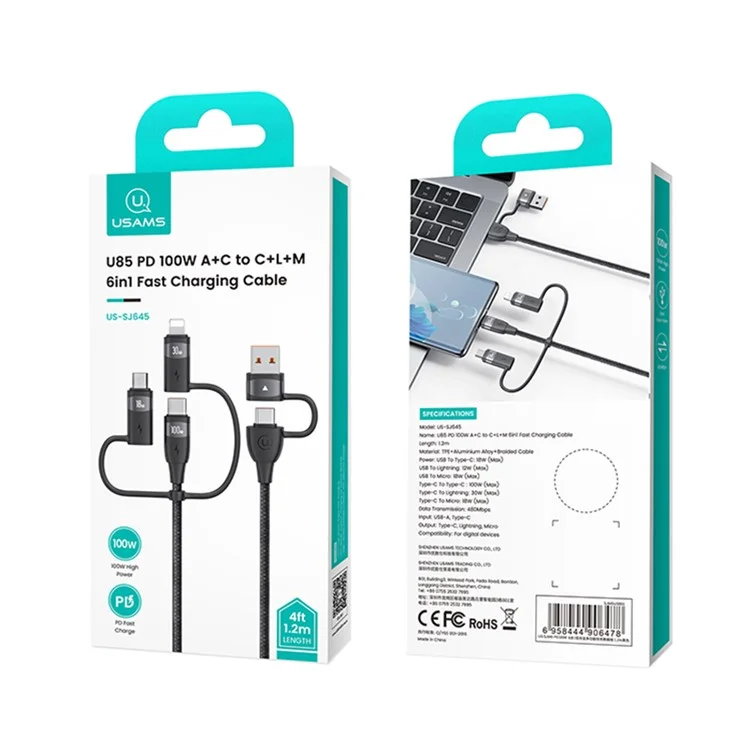 USAMS US-SJ645 U85 USB-A vers Type-C vers Type-C+8 broches+Micro Câble de charge rapide 6 en 1 PD 100W 1,2 m Cordon de données en alliage d'aluminium - Violet