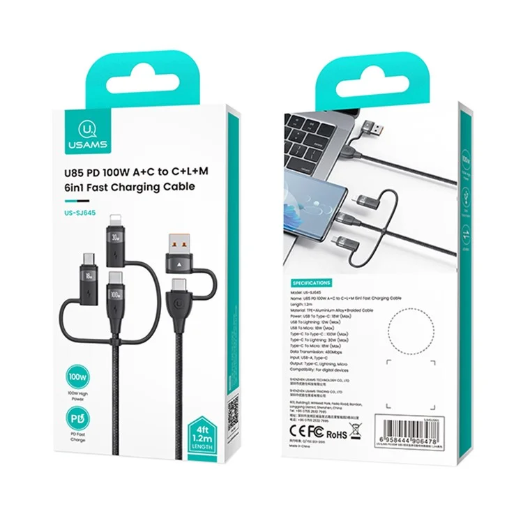 USAMS US-SJ645 U85 para iPhone Serie 15 6 en 1 Cable de carga rápida PD 100W USB-A a Type-C a Type-C+8Pin+Micro 2m Cable de datos - Morado