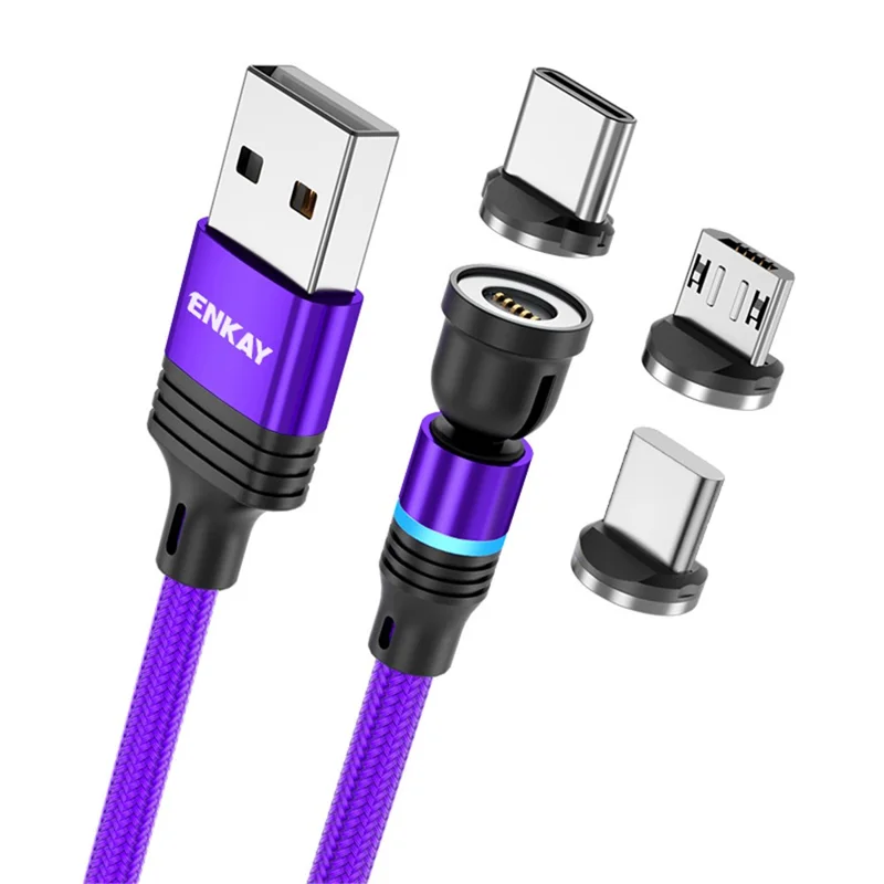 ENKAY HAT PRINCE 1m Rotation Magnetic Cable 3A USB to iP / Type-C / Micro USB Data Cord with LED Light - Purple