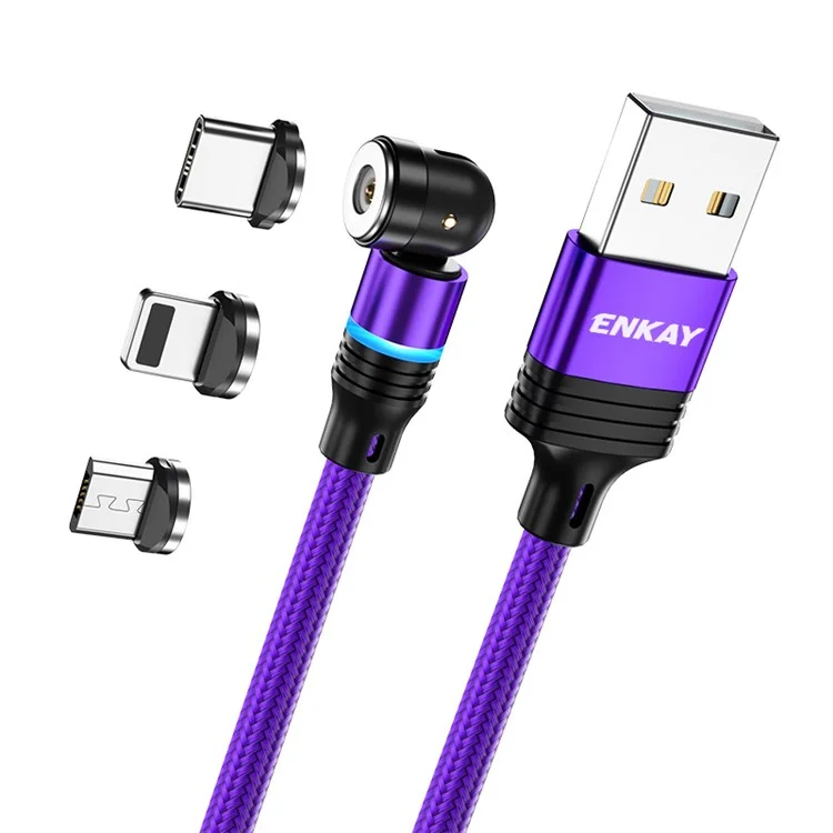 ENKAY HAT PRINCE 2m 2.4A Magnetic Charging Cable USB to iP / Type-C / Micro USB Nylon-Braided Phone Charger Cord with LED Light - Purple