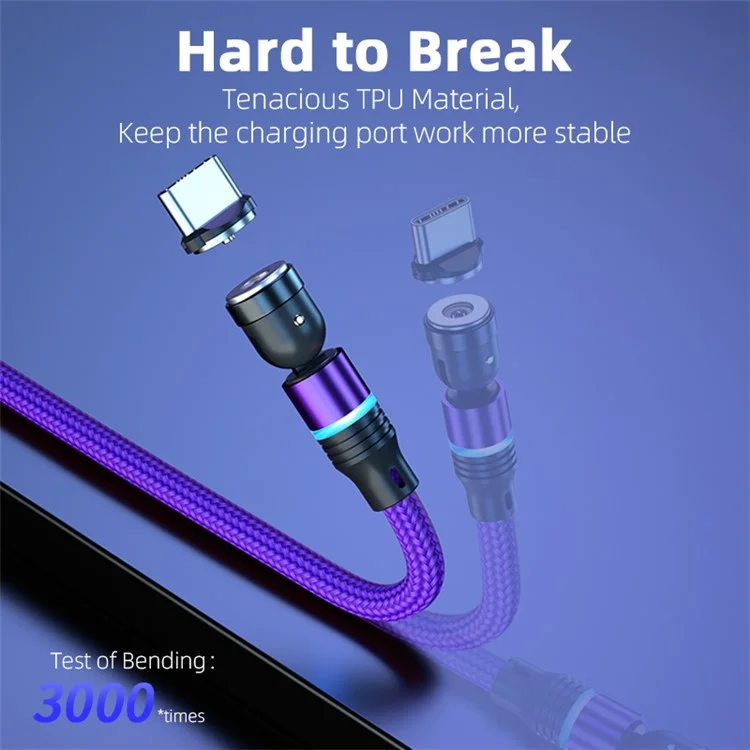 ENKAY HAT PRINCE 2m 2.4A Magnetic Charging Cable USB to iP / Type-C / Micro USB Nylon-Braided Phone Charger Cord with LED Light - Purple