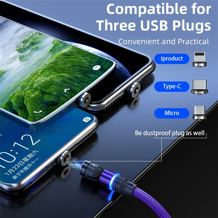 ENKAY HAT PRINCE 2m 2.4A Magnetic Charging Cable USB to iP / Type-C / Micro USB Nylon-Braided Phone Charger Cord with LED Light - Purple