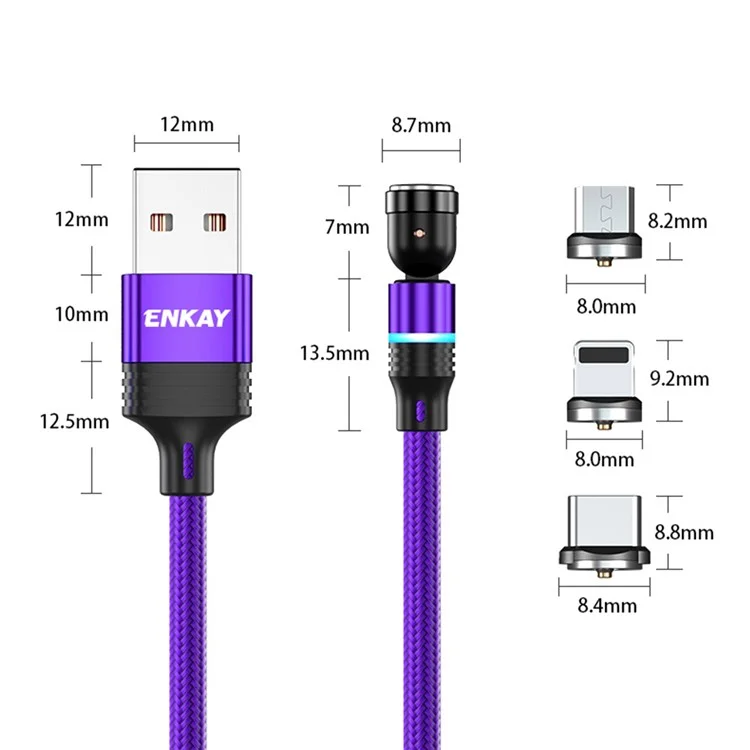 ENKAY HAT PRINCE 2m 2.4A Magnetic Charging Cable USB to iP / Type-C / Micro USB Nylon-Braided Phone Charger Cord with LED Light - Purple