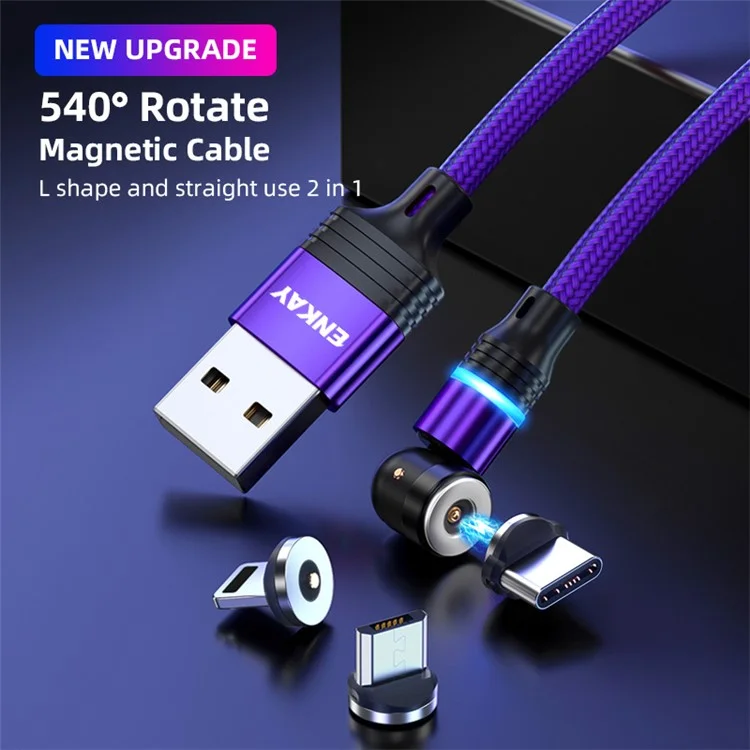 ENKAY HAT PRINCE 2m 2.4A Magnetic Charging Cable USB to iP / Type-C / Micro USB Nylon-Braided Phone Charger Cord with LED Light - Purple