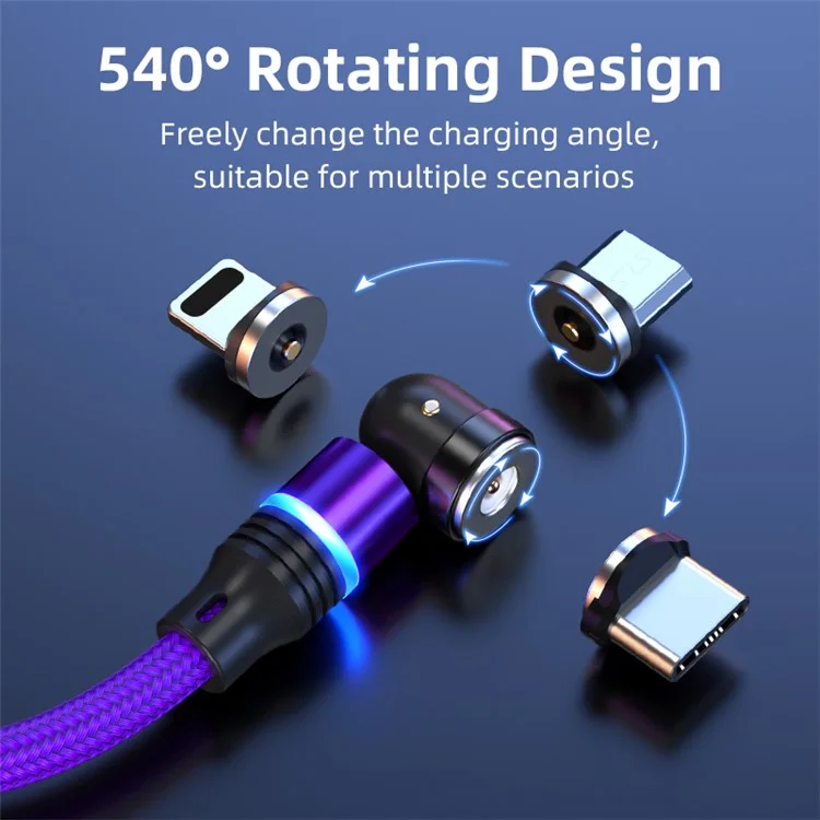 ENKAY HAT PRINCE 2m 2.4A Magnetic Charging Cable USB to iP / Type-C / Micro USB Nylon-Braided Phone Charger Cord with LED Light - Purple