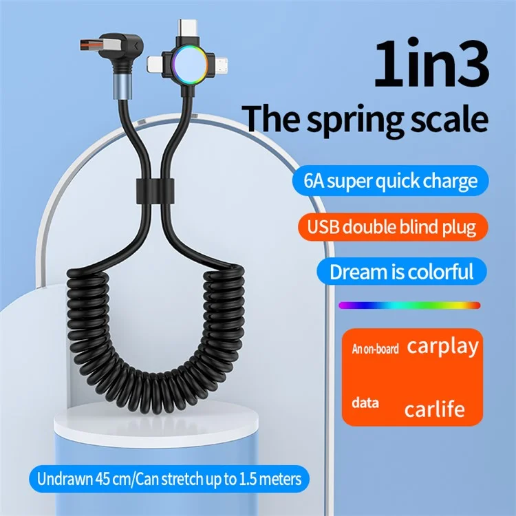 For iPhone 15 Series 1.5m Elbow USB-A to 8 Pin+Micro USB+Type-C 3-in-1 Stretchable Spring Data Cable - Style A