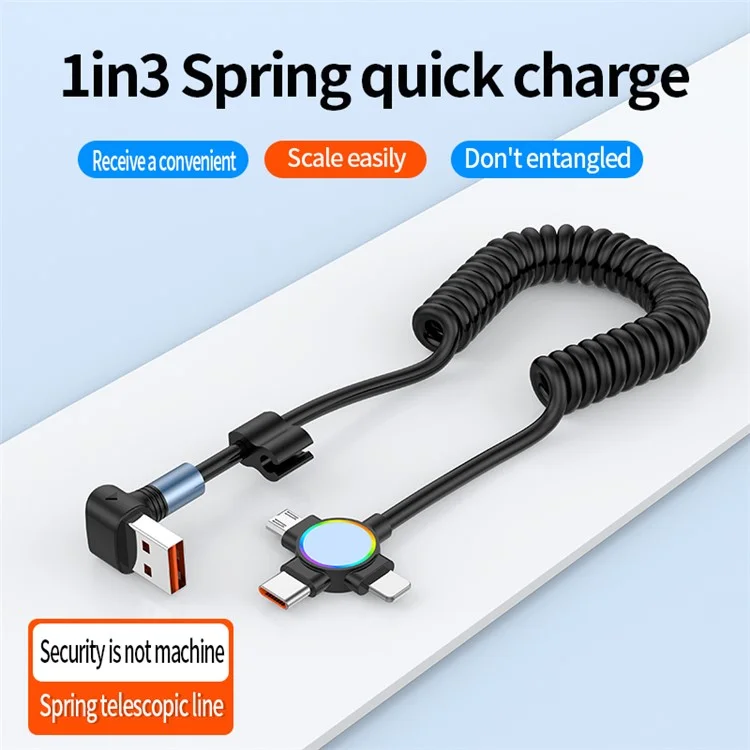 For iPhone 15 Series 1.5m Elbow USB-A to 8 Pin+Micro USB+Type-C 3-in-1 Stretchable Spring Data Cable - Style A