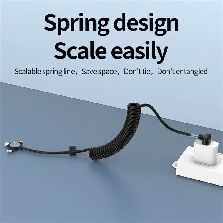 For iPhone 15 Series 1.5m Elbow USB-A to 8 Pin+Micro USB+Type-C 3-in-1 Stretchable Spring Data Cable - Style A