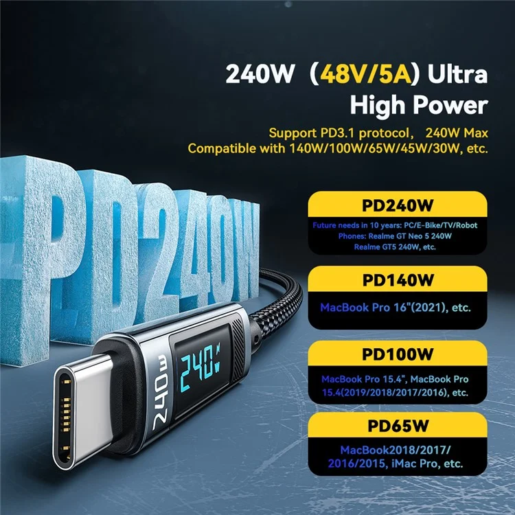 ESSAGER ES-X47 240W Digital Display Quick Charging Data Cable 1m Type-C to Type-C Charging Cord