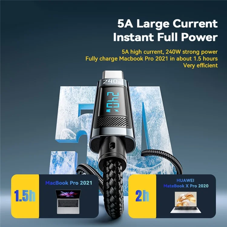 ESSAGER ES-X47 240W Digital Display Quick Charging Data Cable 1m Type-C to Type-C Charging Cord