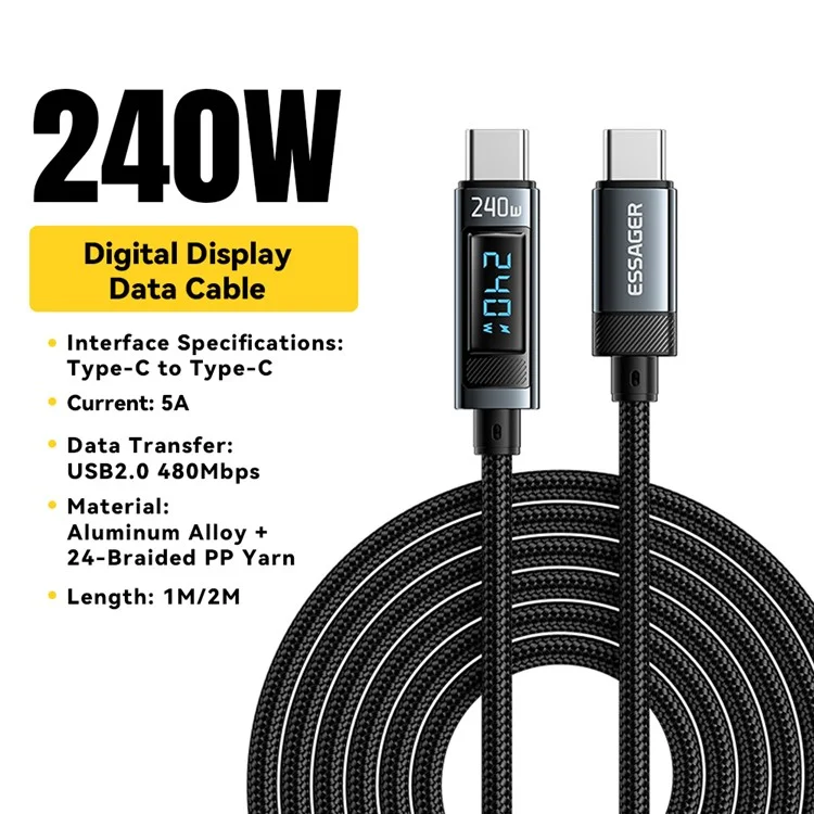 ESSAGER ES-X47 2m Type-C to Type-C Charging Cord 240W Digital Display Quick Charging Data Cable