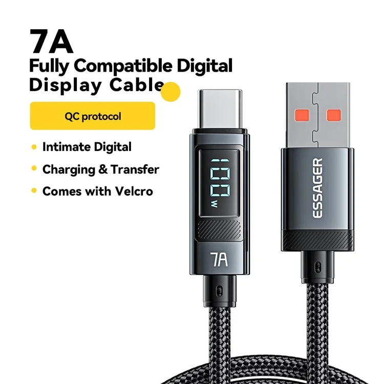 ESSAGER Cabo de Carregamento e Dados USB-A para Type-C de 1m e 7A com Exibição Digital