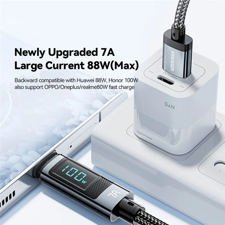 ESSAGER 1m 7A Super Charge Data Cable USB-A to Type-C Charging Cable with Digital Display