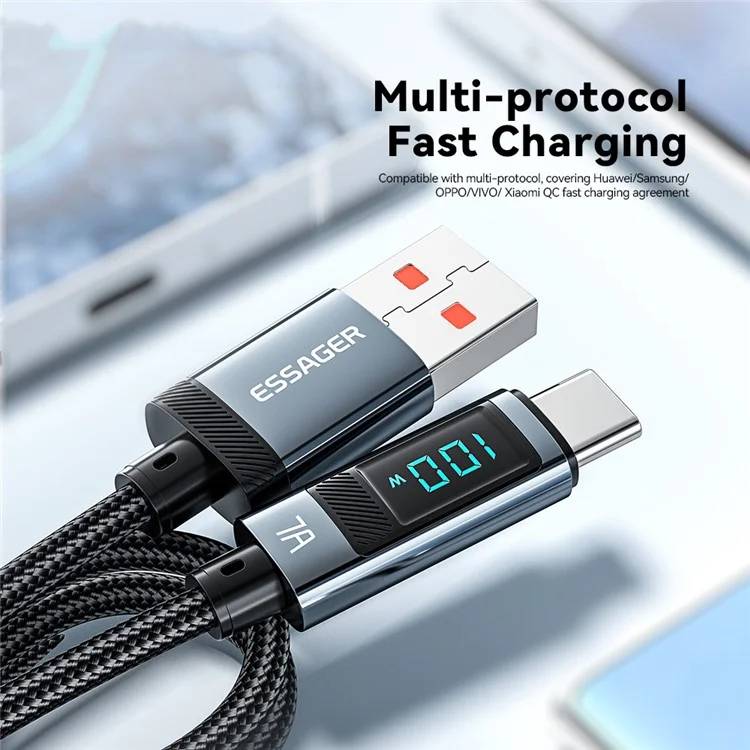 ESSAGER 1m 7A Super Charge Data Cable USB-A to Type-C Charging Cable with Digital Display