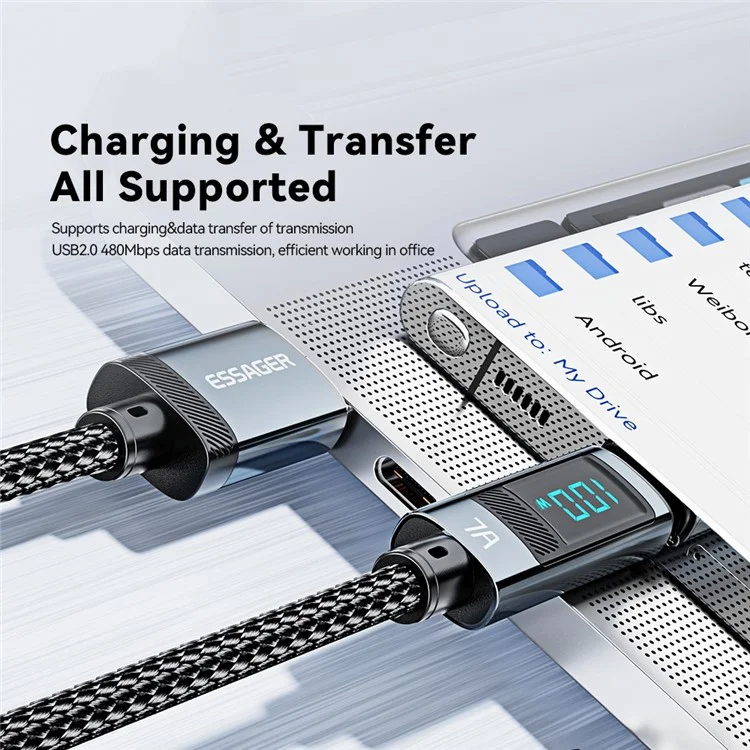 ESSAGER 1m 7A Super Charge Data Cable USB-A to Type-C Charging Cable with Digital Display